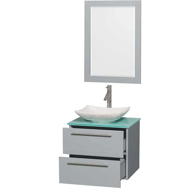 Amare 24" Single Bathroom Vanity in Dove Gray, Green Glass Countertop, Arista White Carrera Marble Sink and 24" Mirror