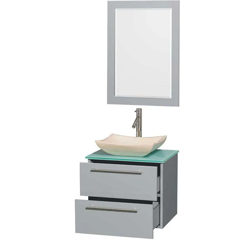 Amare 24" Single Bathroom Vanity in Dove Gray, Green Glass Countertop, Avalon Ivory Marble Sink and 24" Mirror