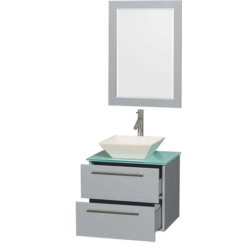 Amare 24" Single Bathroom Vanity in Dove Gray, Green Glass Countertop, Pyra Bone Porcelain Sink and 24" Mirror
