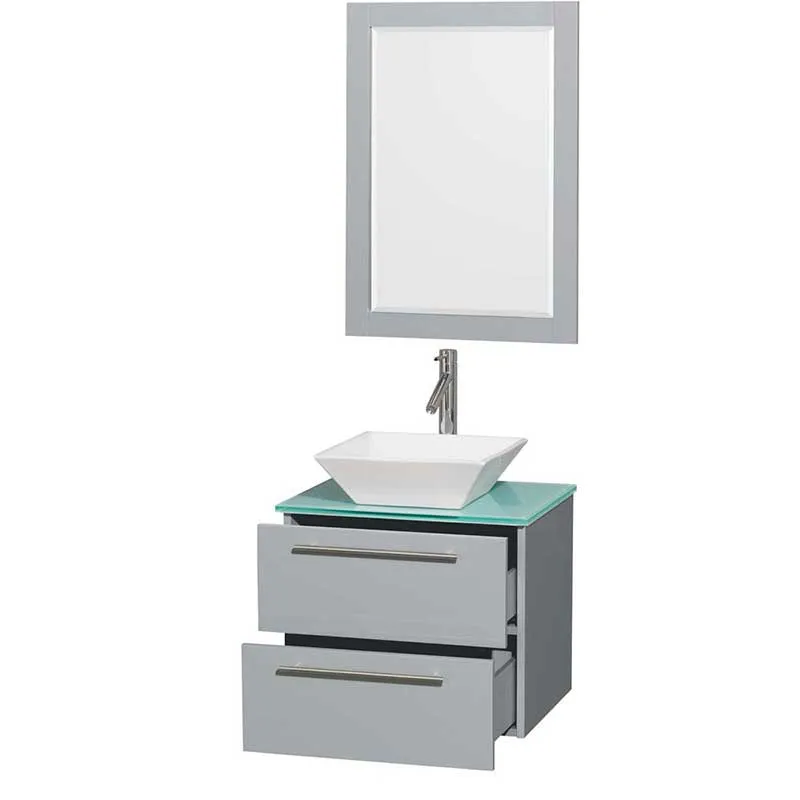 Amare 24" Single Bathroom Vanity in Dove Gray, Green Glass Countertop, Pyra White Porcelain Sink and 24" Mirror