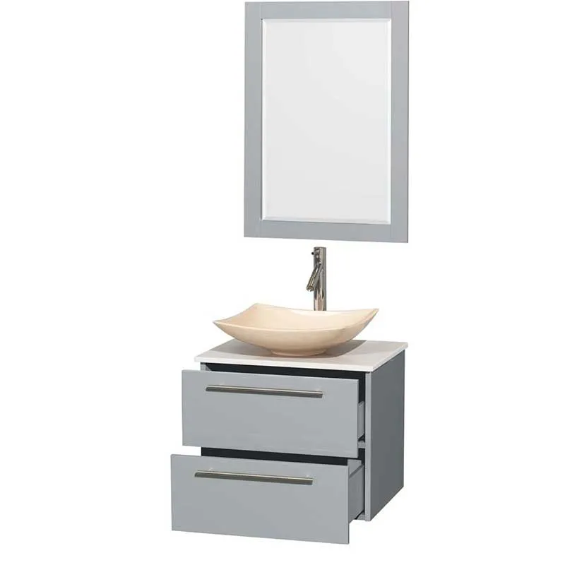 Amare 24" Single Bathroom Vanity in Dove Gray, White Man-Made Stone Countertop, Arista Ivory Marble Sink and 24" Mirror