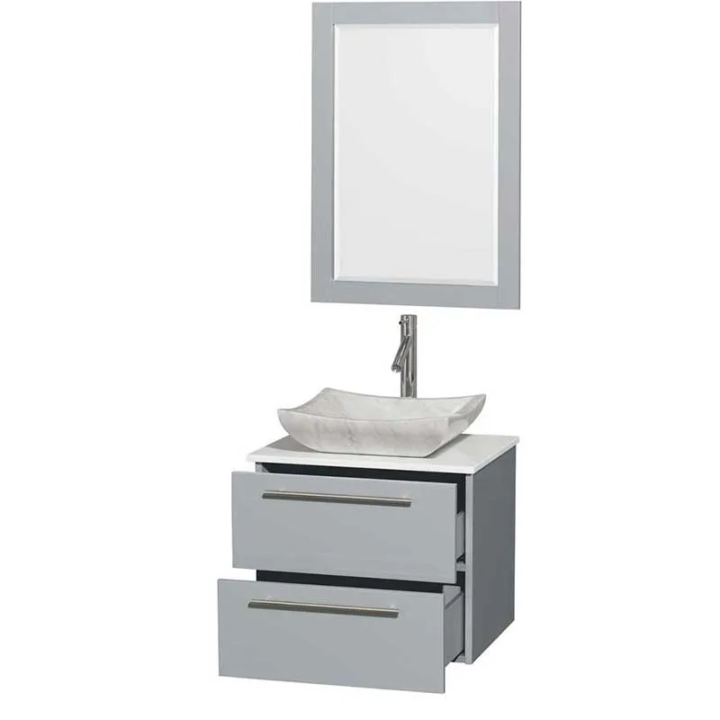 Amare 24" Single Bathroom Vanity in Dove Gray, White Man-Made Stone Countertop, Avalon White Carrera Marble Sink and 24" Mirror