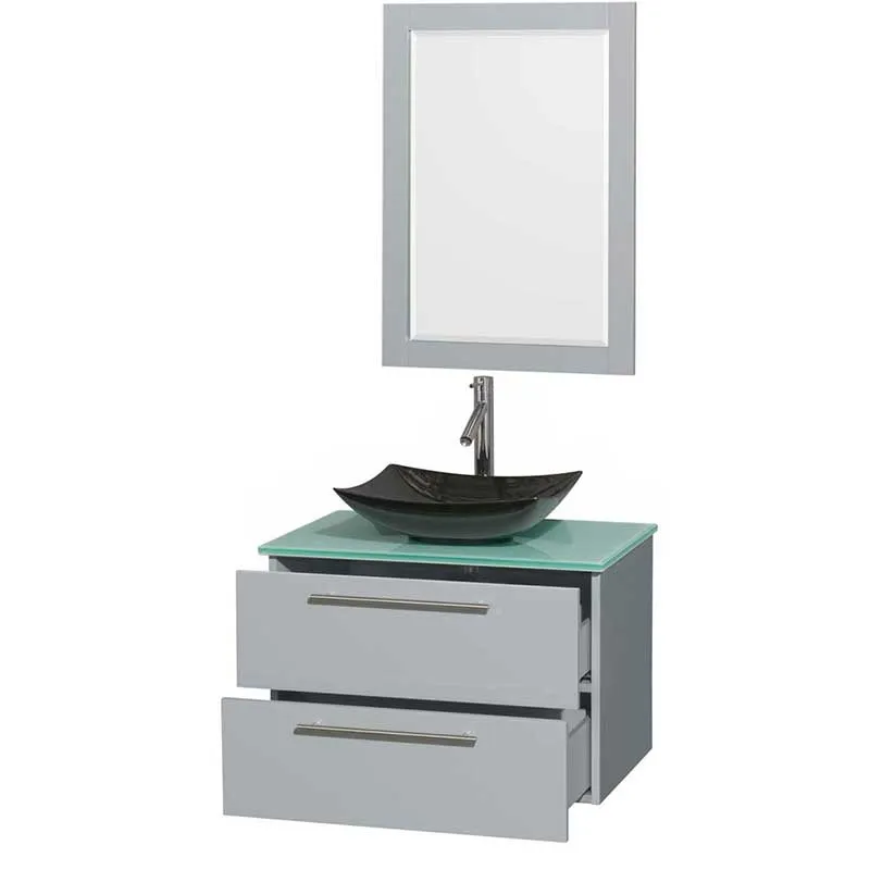 Amare 30" Single Bathroom Vanity in Dove Gray, Green Glass Countertop, Arista Black Granite Sink and 24" Mirror
