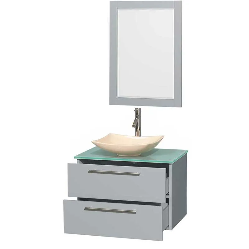 Amare 30" Single Bathroom Vanity in Dove Gray, Green Glass Countertop, Arista Ivory Marble Sink and 24" Mirror