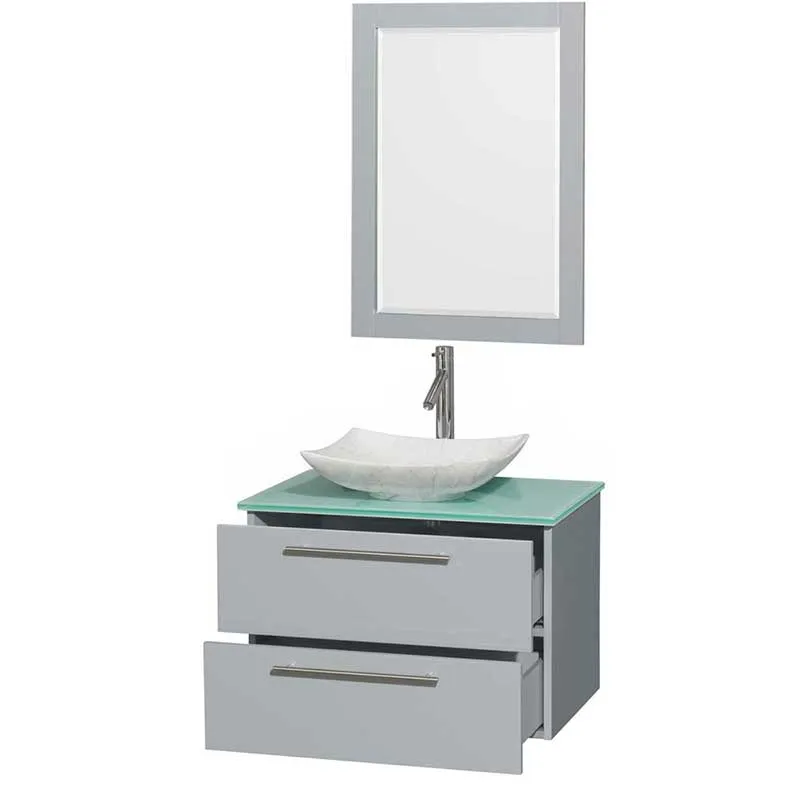 Amare 30" Single Bathroom Vanity in Dove Gray, Green Glass Countertop, Arista White Carrera Marble Sink and 24" Mirror