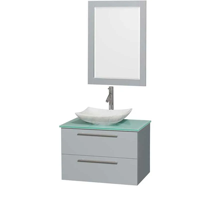 Amare 30" Single Bathroom Vanity in Dove Gray, Green Glass Countertop, Arista White Carrera Marble Sink and 24" Mirror