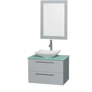 Amare 30" Single Bathroom Vanity in Dove Gray, Green Glass Countertop, Arista White Carrera Marble Sink and 24" Mirror