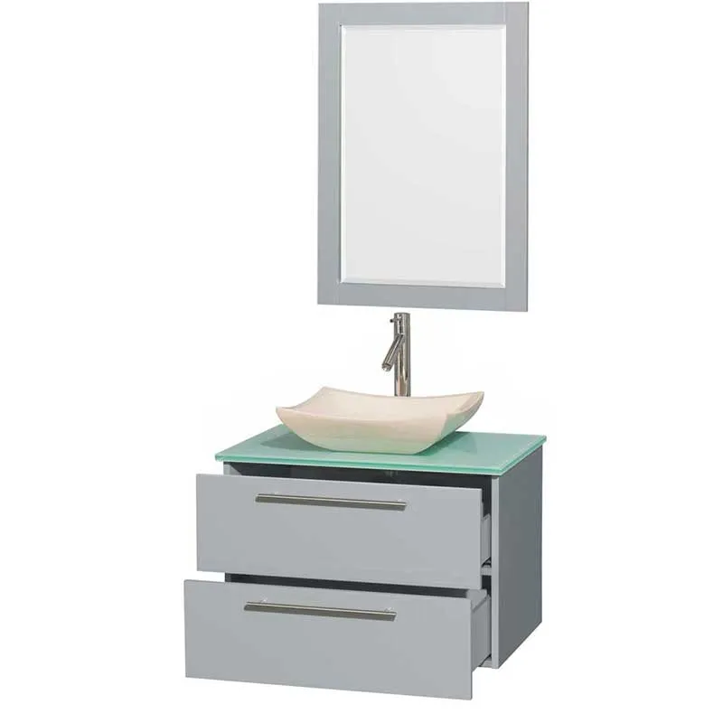 Amare 30" Single Bathroom Vanity in Dove Gray, Green Glass Countertop, Avalon Ivory Marble Sink and 24" Mirror