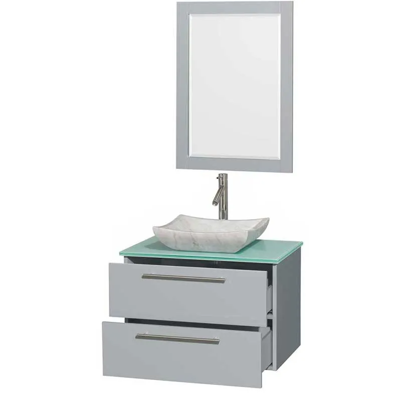 Amare 30" Single Bathroom Vanity in Dove Gray, Green Glass Countertop, Avalon White Carrera Marble Sink and 24" Mirror