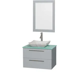 Amare 30" Single Bathroom Vanity in Dove Gray, Green Glass Countertop, Avalon White Carrera Marble Sink and 24" Mirror