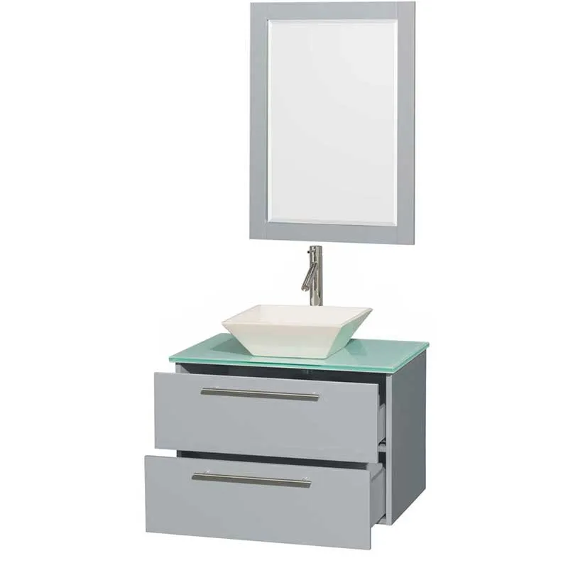 Amare 30" Single Bathroom Vanity in Dove Gray, Green Glass Countertop, Pyra Bone Porcelain Sink and 24" Mirror