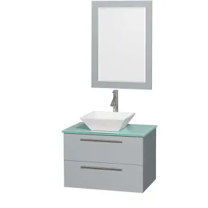 Amare 30" Single Bathroom Vanity in Dove Gray, Green Glass Countertop, Pyra White Porcelain Sink and 24" Mirror
