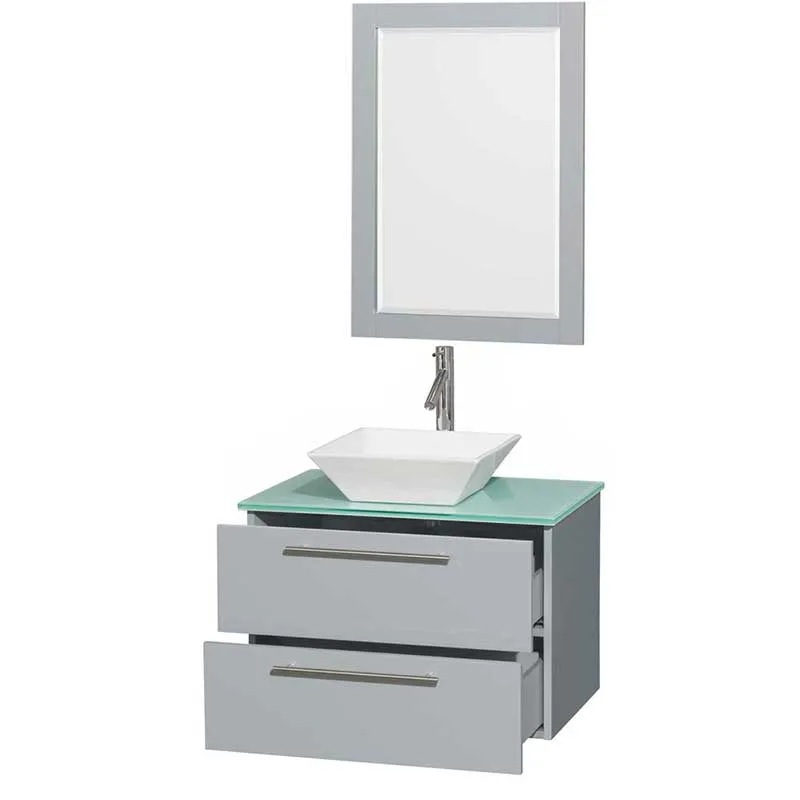 Amare 30" Single Bathroom Vanity in Dove Gray, Green Glass Countertop, Pyra White Porcelain Sink and 24" Mirror