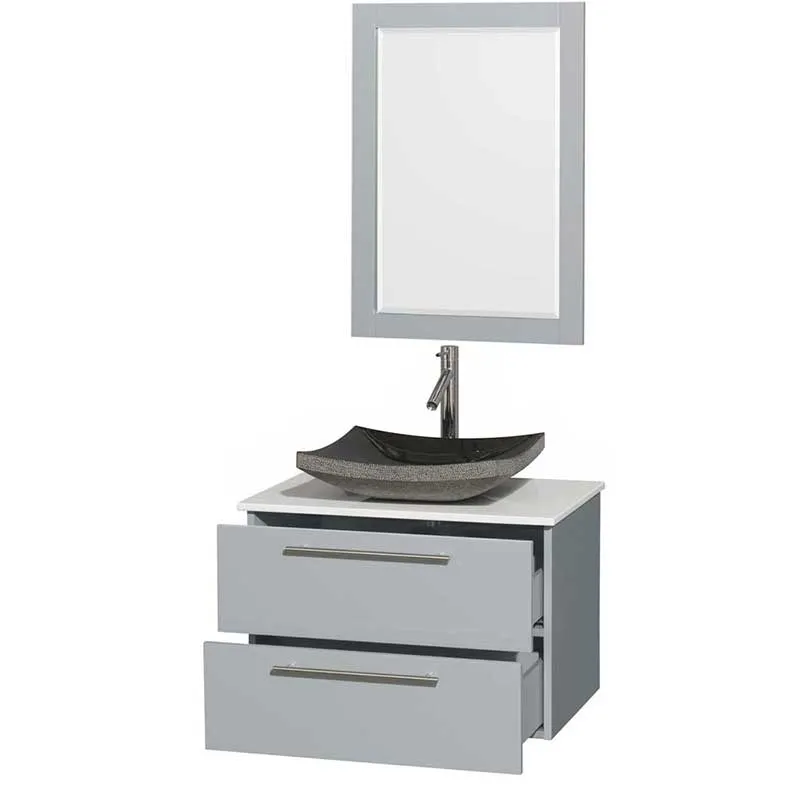Amare 30" Single Bathroom Vanity in Dove Gray, White Man-Made Stone Countertop, Altair Black Granite Sink and 24" Mirror