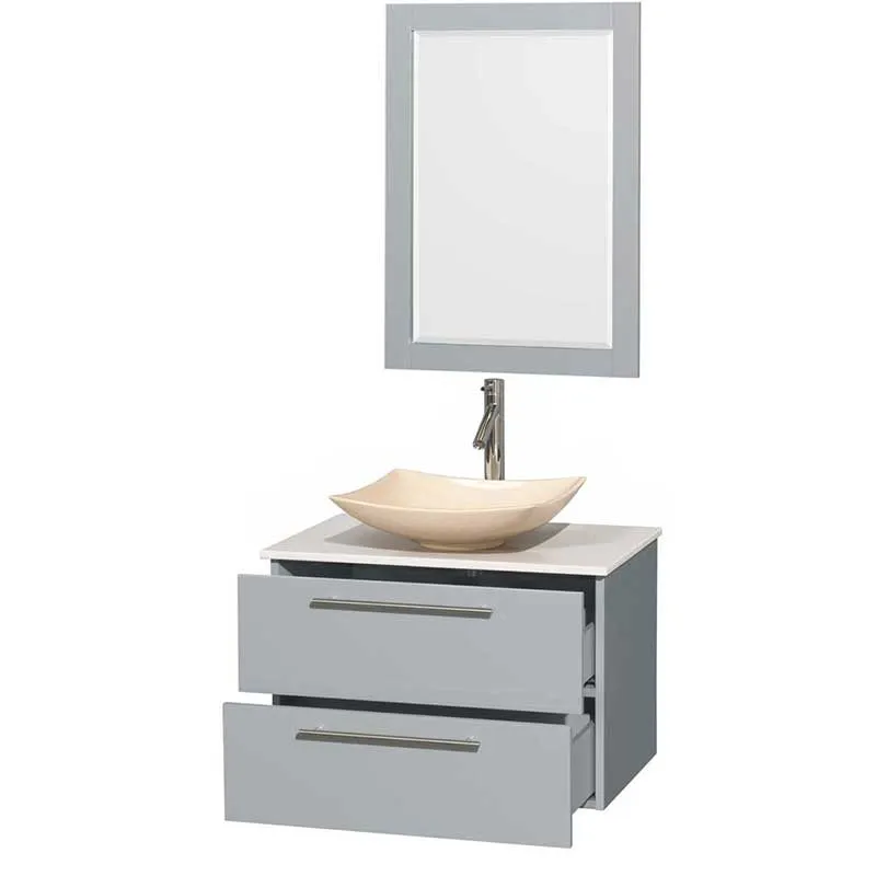 Amare 30" Single Bathroom Vanity in Dove Gray, White Man-Made Stone Countertop, Arista Ivory Marble Sink and 24" Mirror
