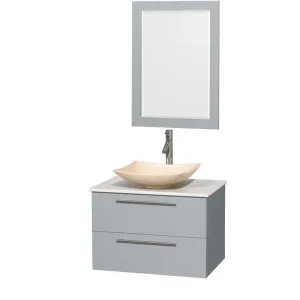 Amare 30" Single Bathroom Vanity in Dove Gray, White Man-Made Stone Countertop, Arista Ivory Marble Sink and 24" Mirror