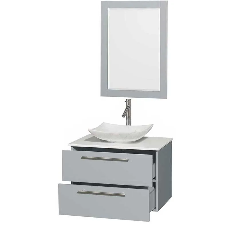 Amare 30" Single Bathroom Vanity in Dove Gray, White Man-Made Stone Countertop, Arista White Carrera Marble Sink and 24" Mirror