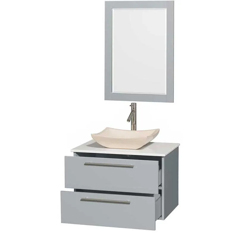 Amare 30" Single Bathroom Vanity in Dove Gray, White Man-Made Stone Countertop, Avalon Ivory Marble Sink and 24" Mirror
