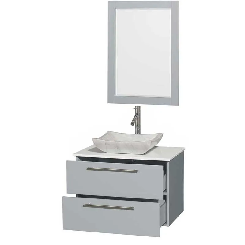 Amare 30" Single Bathroom Vanity in Dove Gray, White Man-Made Stone Countertop, Avalon White Carrera Marble Sink and 24" Mirror