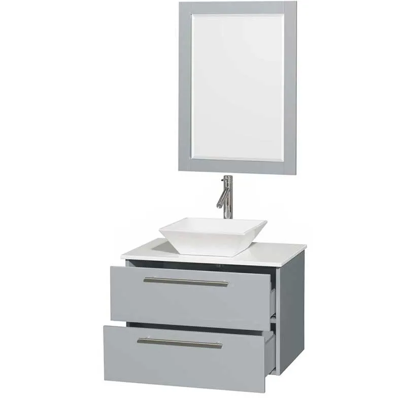 Amare 30" Single Bathroom Vanity in Dove Gray, White Man-Made Stone Countertop, Pyra White Porcelain Sink and 24" Mirror