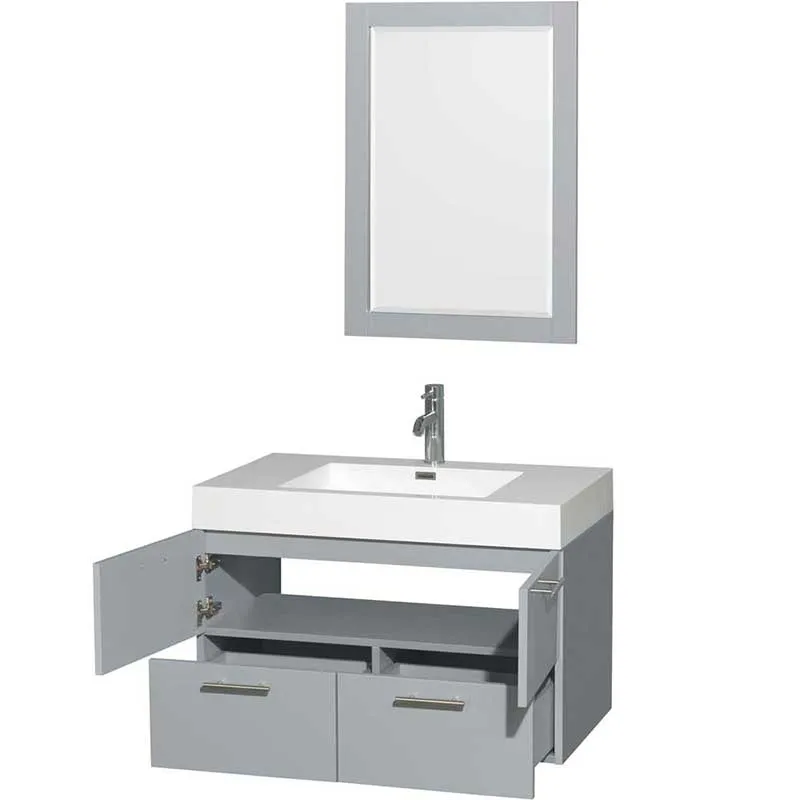 Amare 36" Single Bathroom Vanity in Dove Gray, Acrylic Resin Countertop, Integrated Sink and 24" Mirror