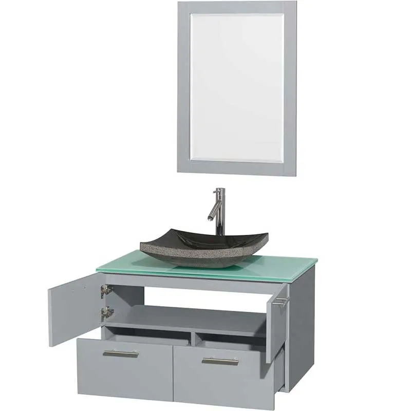 Amare 36" Single Bathroom Vanity in Dove Gray, Green Glass Countertop, Altair Black Granite Sink and 24" Mirror
