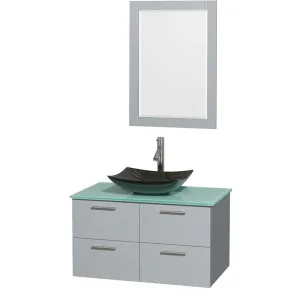 Amare 36" Single Bathroom Vanity in Dove Gray, Green Glass Countertop, Arista Black Granite Sink and 24" Mirror