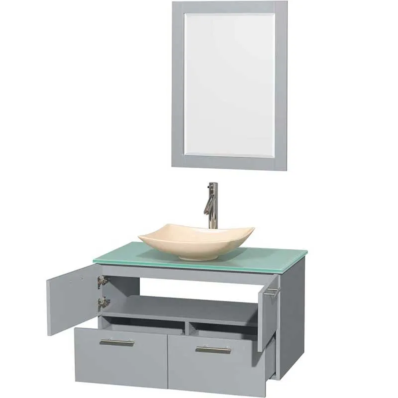 Amare 36" Single Bathroom Vanity in Dove Gray, Green Glass Countertop, Arista Ivory Marble Sink and 24" Mirror