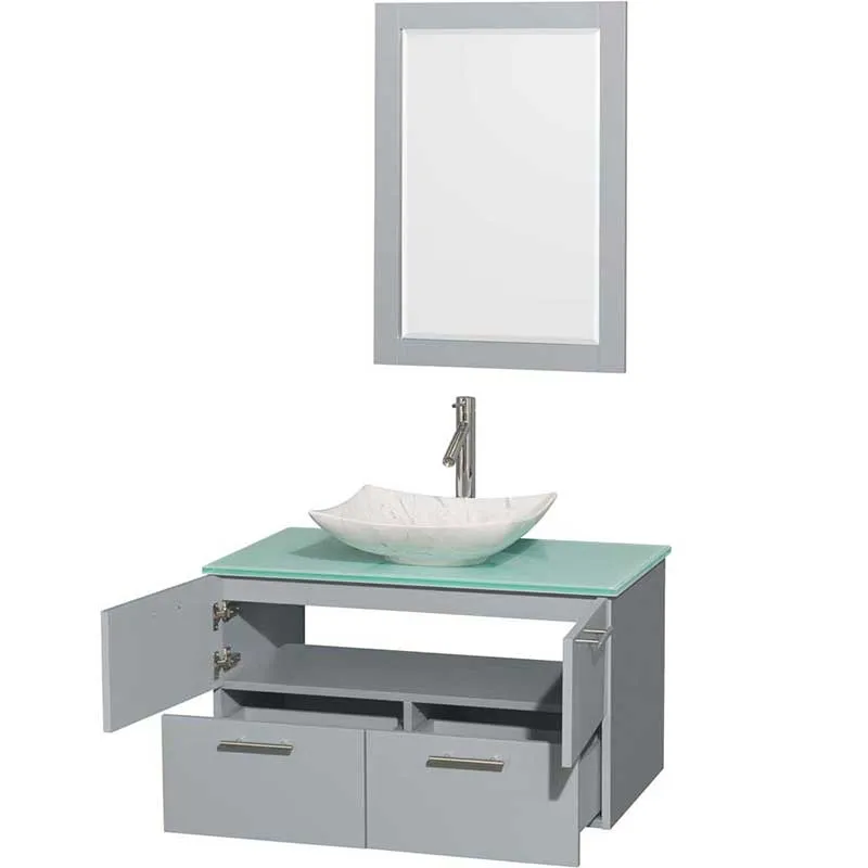 Amare 36" Single Bathroom Vanity in Dove Gray, Green Glass Countertop, Arista White Carrera Marble Sink and 24" Mirror