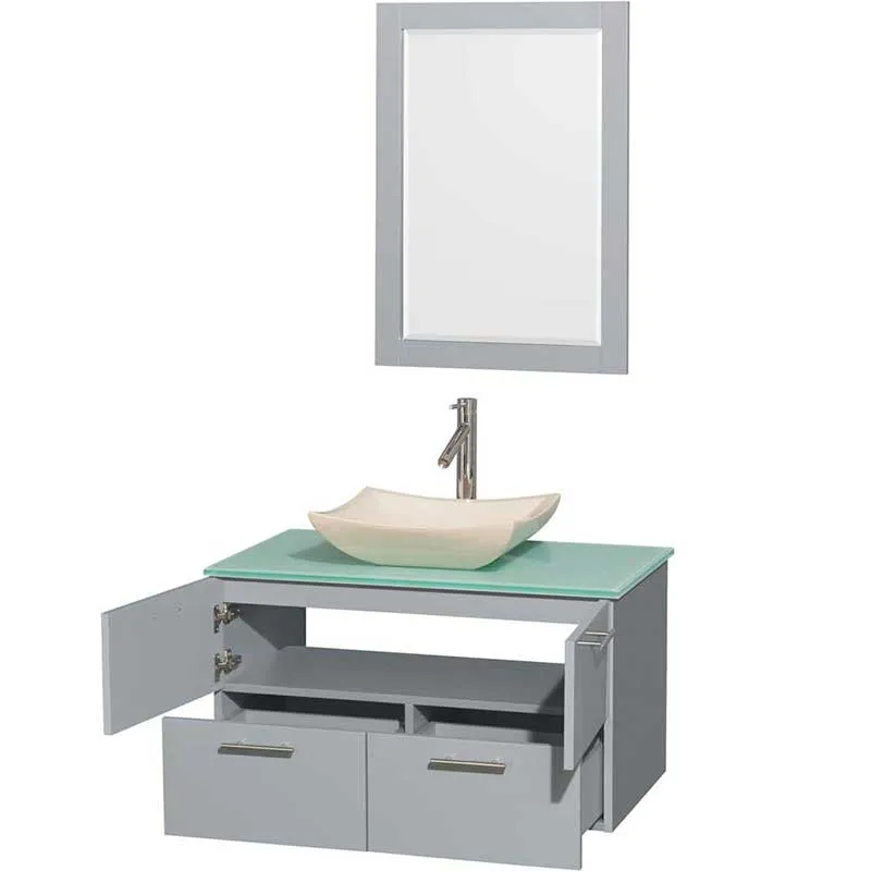 Amare 36" Single Bathroom Vanity in Dove Gray, Green Glass Countertop, Avalon Ivory Marble Sink and 24" Mirror