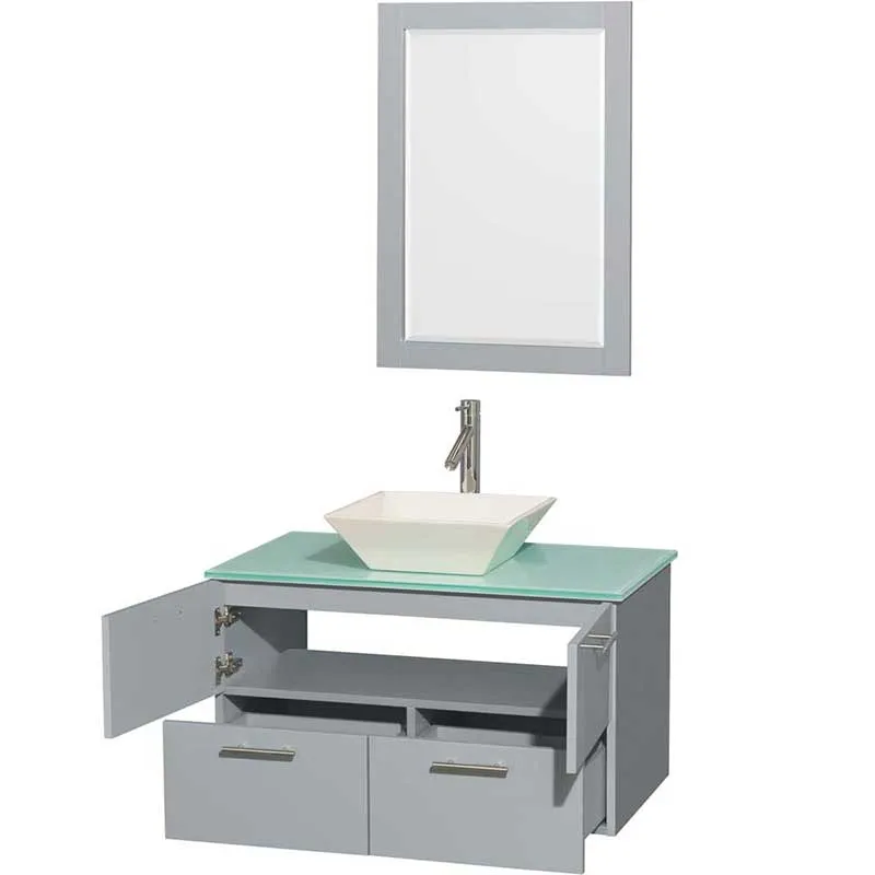 Amare 36" Single Bathroom Vanity in Dove Gray, Green Glass Countertop, Pyra Bone Porcelain Sink and 24" Mirror