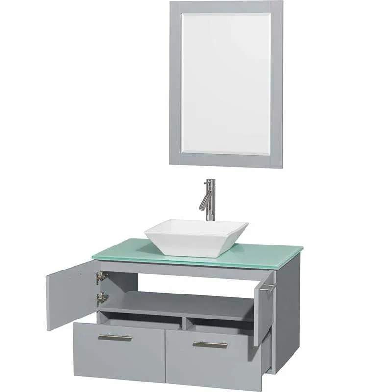 Amare 36" Single Bathroom Vanity in Dove Gray, Green Glass Countertop, Pyra White Porcelain Sink and 24" Mirror