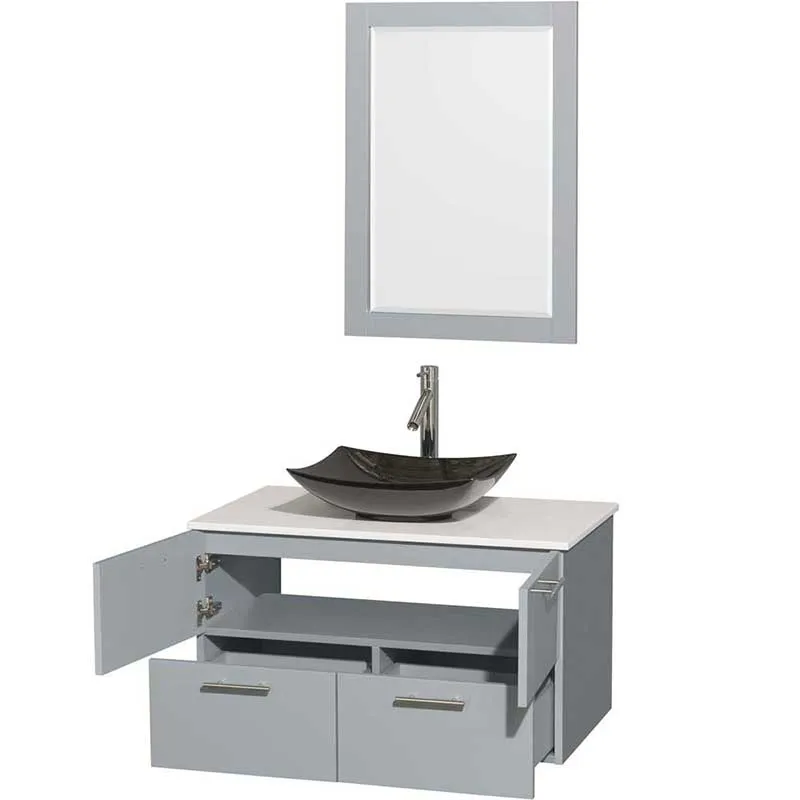Amare 36" Single Bathroom Vanity in Dove Gray, White Man-Made Stone Countertop, Arista Black Granite Sink and 24" Mirror