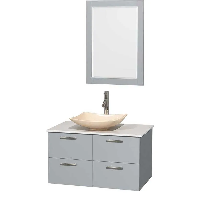 Amare 36" Single Bathroom Vanity in Dove Gray, White Man-Made Stone Countertop, Arista Ivory Marble Sink and 24" Mirror