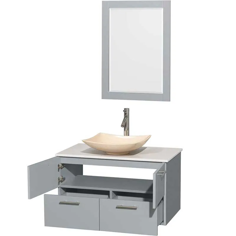Amare 36" Single Bathroom Vanity in Dove Gray, White Man-Made Stone Countertop, Arista Ivory Marble Sink and 24" Mirror