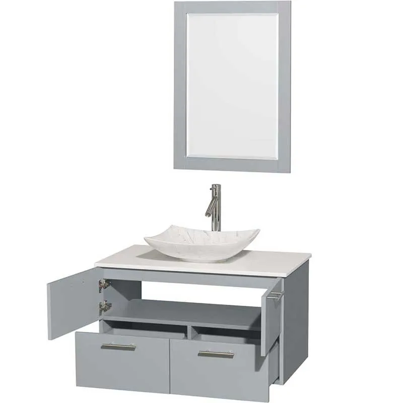 Amare 36" Single Bathroom Vanity in Dove Gray, White Man-Made Stone Countertop, Arista White Carrera Marble Sink and 24" Mirror