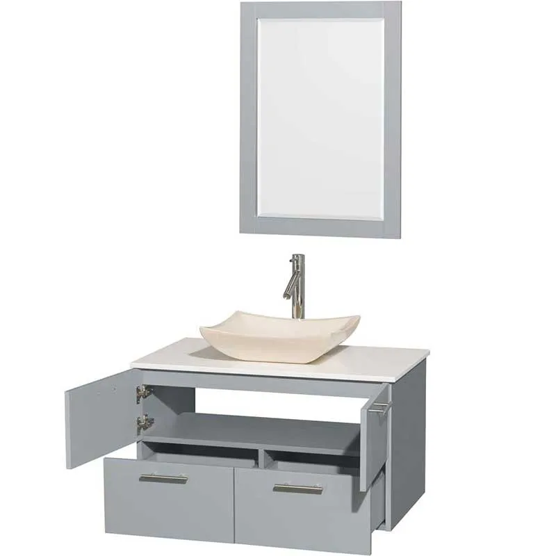 Amare 36" Single Bathroom Vanity in Dove Gray, White Man-Made Stone Countertop, Avalon Ivory Marble Sink and 24" Mirror