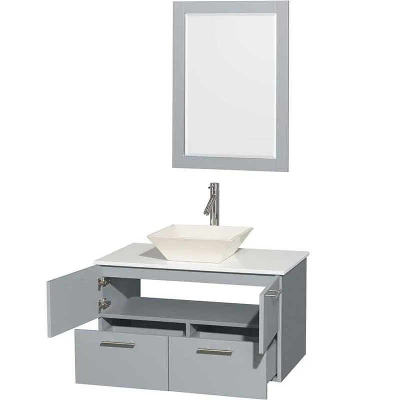Amare 36" Single Bathroom Vanity in Dove Gray, White Man-Made Stone Countertop, Pyra Bone Porcelain Sink and 24" Mirror