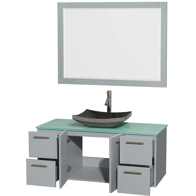 Amare 48" Single Bathroom Vanity in Dove Gray, Green Glass Countertop, Altair Black Granite Sink and 46" Mirror