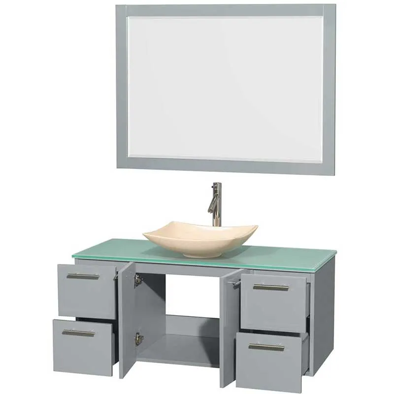 Amare 48" Single Bathroom Vanity in Dove Gray, Green Glass Countertop, Arista Ivory Marble Sink and 46" Mirror