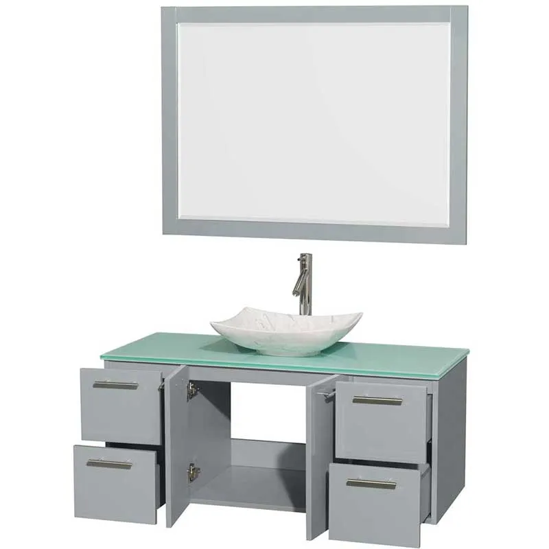 Amare 48" Single Bathroom Vanity in Dove Gray, Green Glass Countertop, Arista White Carrera Marble Sink and 46" Mirror