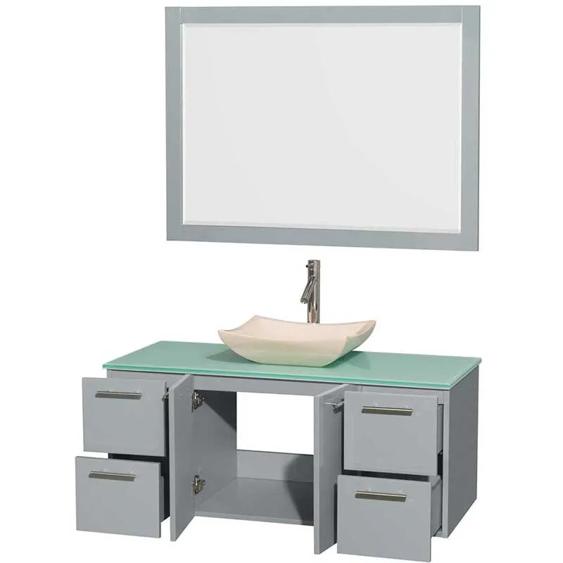 Amare 48" Single Bathroom Vanity in Dove Gray, Green Glass Countertop, Avalon Ivory Marble Sink and 46" Mirror