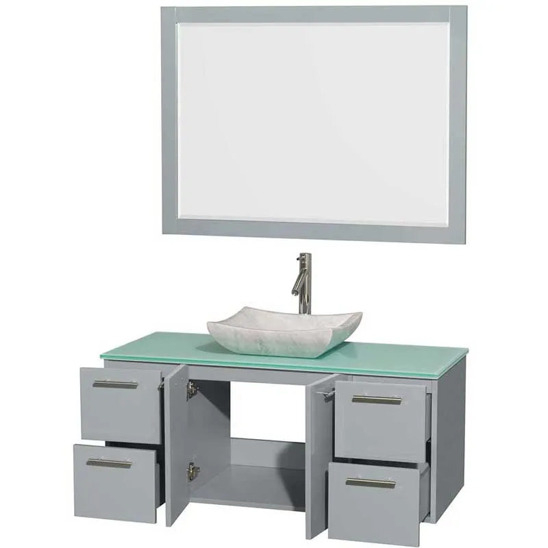 Amare 48" Single Bathroom Vanity in Dove Gray, Green Glass Countertop, Avalon White Carrera Marble Sink and 46" Mirror