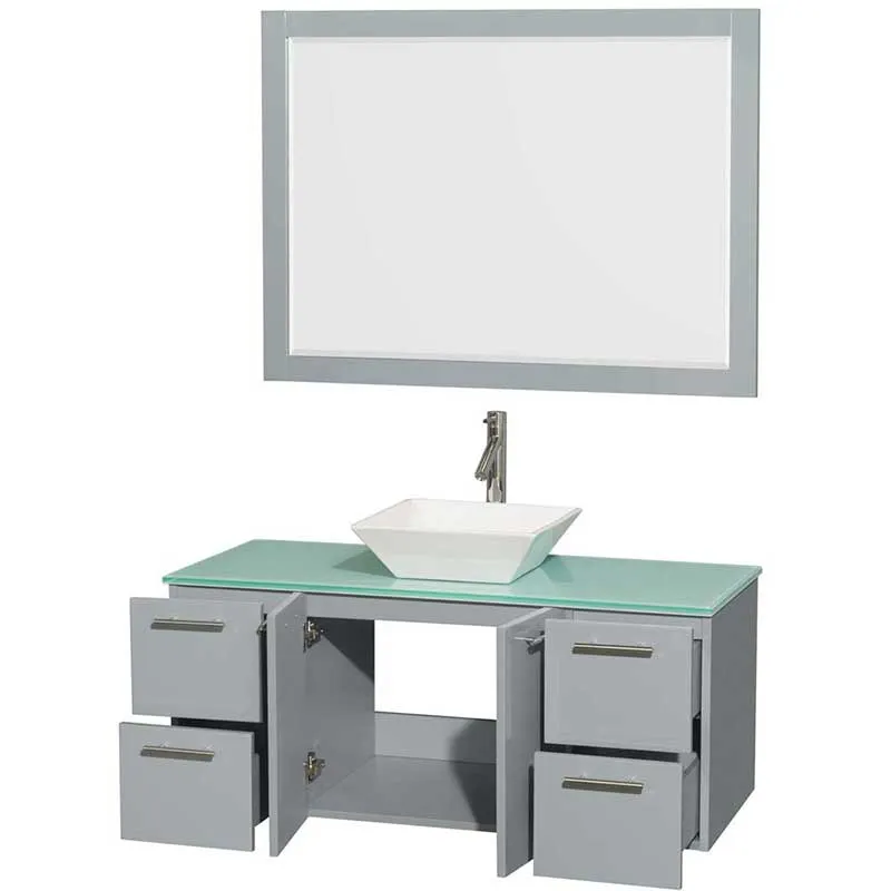 Amare 48" Single Bathroom Vanity in Dove Gray, Green Glass Countertop, Pyra White Porcelain Sink and 46" Mirror