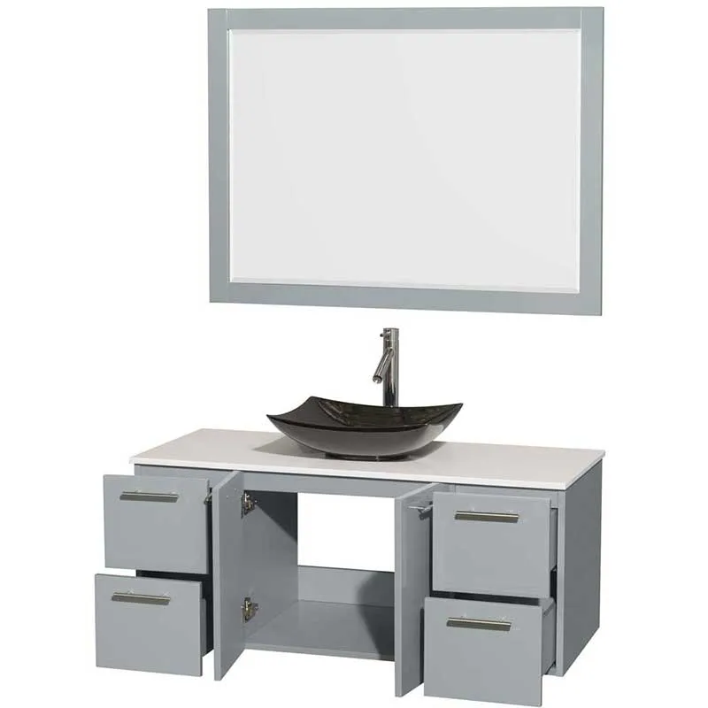 Amare 48" Single Bathroom Vanity in Dove Gray, White Man-Made Stone Countertop, Arista Black Granite Sink and 46" Mirror
