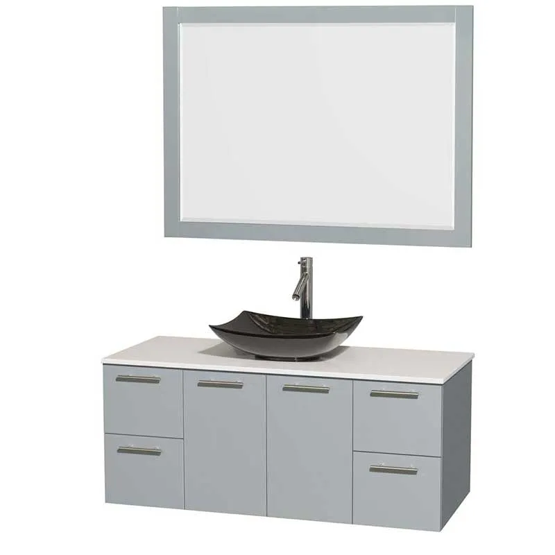 Amare 48" Single Bathroom Vanity in Dove Gray, White Man-Made Stone Countertop, Arista Black Granite Sink and 46" Mirror