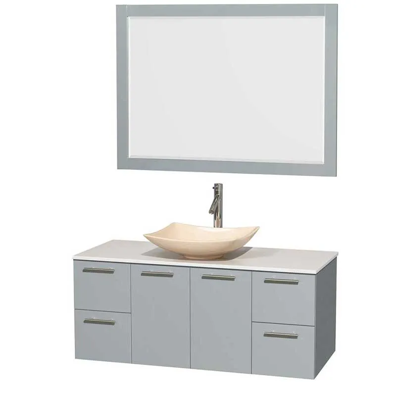Amare 48" Single Bathroom Vanity in Dove Gray, White Man-Made Stone Countertop, Arista Ivory Marble Sink and 46" Mirror