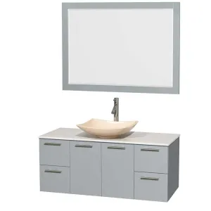 Amare 48" Single Bathroom Vanity in Dove Gray, White Man-Made Stone Countertop, Arista Ivory Marble Sink and 46" Mirror