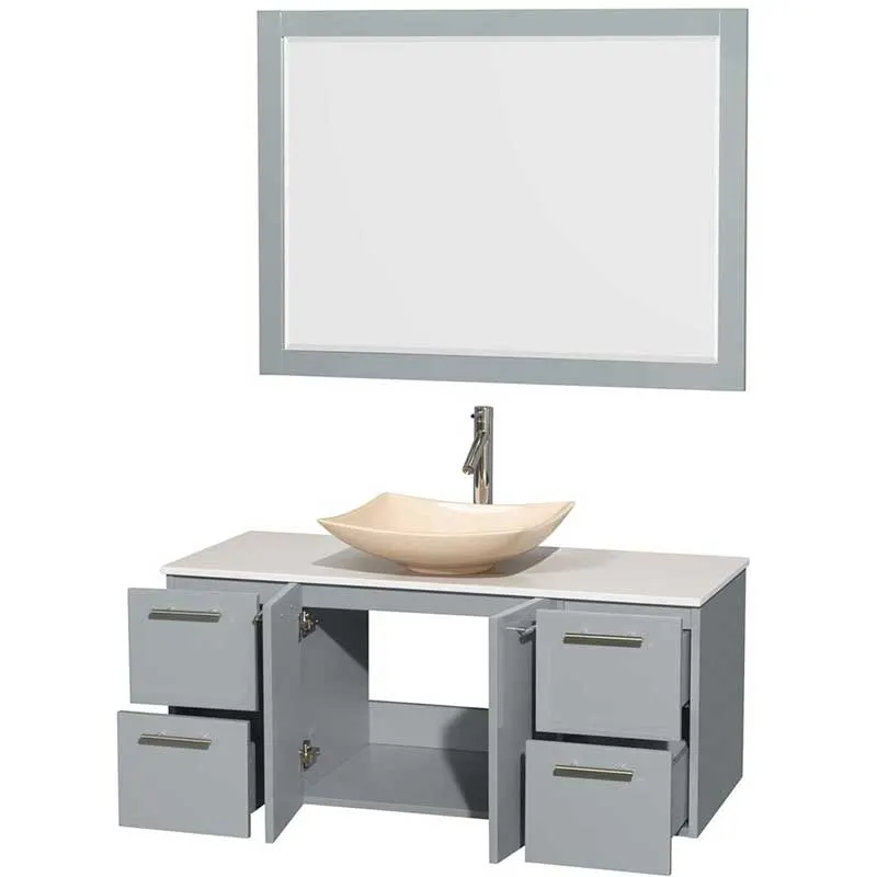 Amare 48" Single Bathroom Vanity in Dove Gray, White Man-Made Stone Countertop, Arista Ivory Marble Sink and 46" Mirror