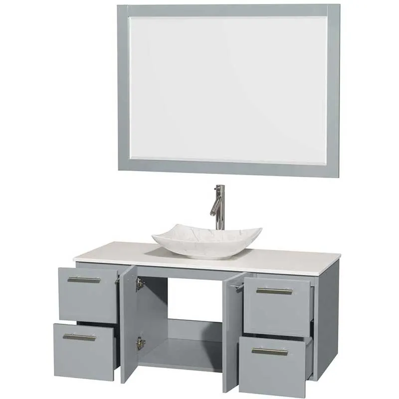 Amare 48" Single Bathroom Vanity in Dove Gray, White Man-Made Stone Countertop, Arista White Carrera Marble Sink and 46" Mirror